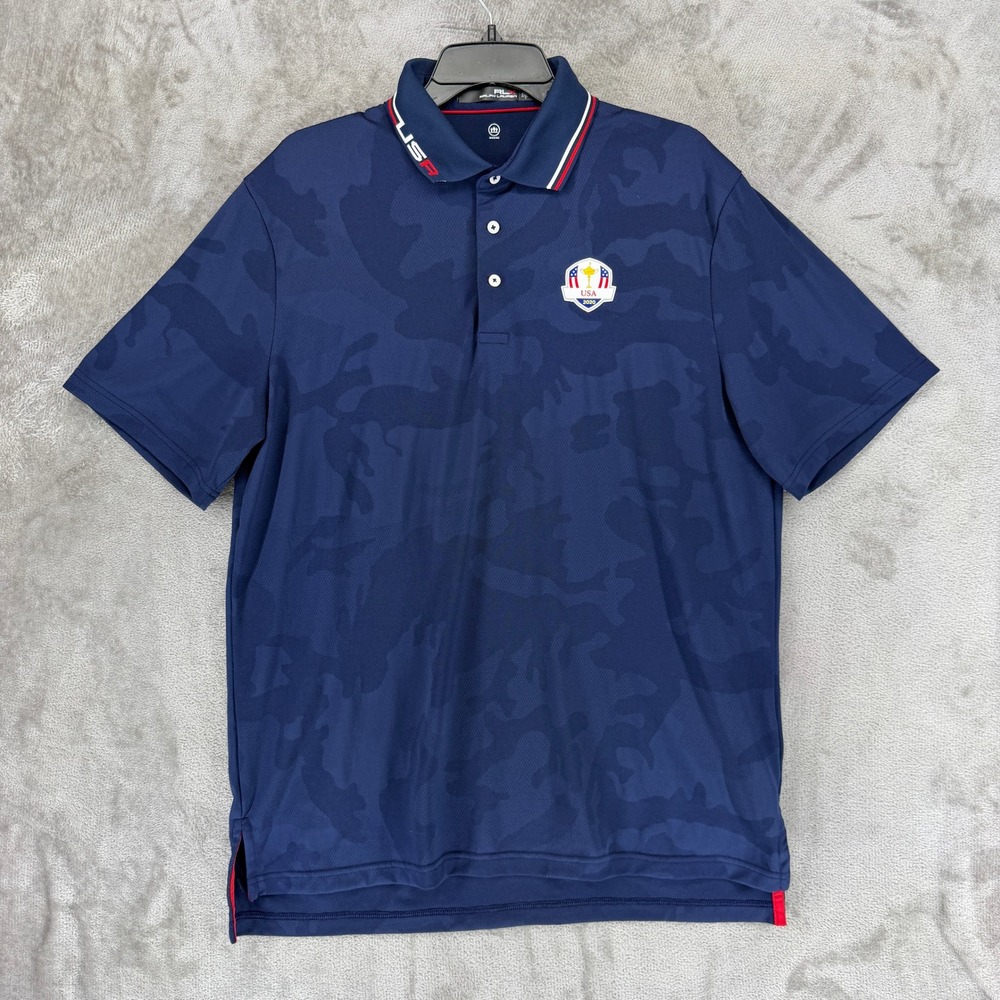 RLX Ralph Lauren Polo Shirt Mens Large Blue Camo Ryder Cup 2020 USA Golf Wicking